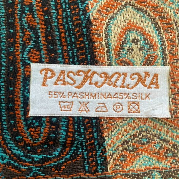 Pashmina Scarf Bold Stripes & Pattern Turquoise Red Navy Tan Gold Fringe EUC - Picture 7 of 7